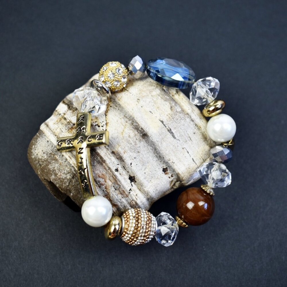 Alexa’s Angels Crystal Pearl Metal Beaded Stretch Amazing Grace Cross Bracelet